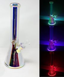 Vintage 14inch 7mm LED Iridescent Light Up Beaker Glass Bong Hookah water Smoking Pipes Oil Burner can put customer logo