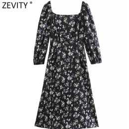 Women Elegant Square Collar Floral Print Split Midi Dress Female Chic Puff Sleeve Back Elastic Zipper Vestido DS5063 210416