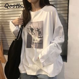 Qooth Oversized White Long Sleeve T-shirt Spring Autumn Loose O-Neck All Match T-shirt Womens Causal Straight Tops QT630 210518
