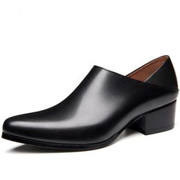 Dress Shoes Men Leather Black Slip On Business Work Oxford Pointed Toe High Heels Causal