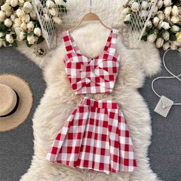 SINGREINY Women Summer Korean Plaid Suits V Neck Off Shoulder Zipper Strap Short Tops+High Waist A-line Mini Skirt Two Piece Set 210730