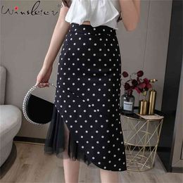 Casual Dolka Dots Mermaid Skirts Womens Summer Korean High Waist Mesh Midi Skirt Elegant Faldas B04916B 210421