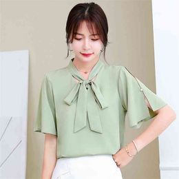Summer Korean Fashion Chiffon Womens Tops and Blouses Petal Sleeve Green for Plus Size XXL Shirts 210531