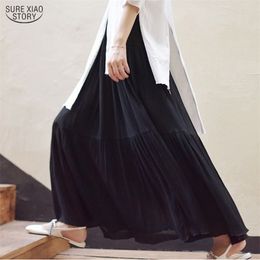 Women Linen Cotton Long Skirts Beach Vintage Elegant Summer Elastic Waist Pleated Maxi Faldas 9958 210506