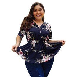 Floral Women Blouse Fashion V-Neck Short Sleeve Elastic Waist Summer Shirt Big Size W276 210526