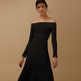 Summer Women Black Striped Rayon Bandage Club Dress Sexy Off Shoulder Long Sleeve Celebrity Evening Party Maxi 210423