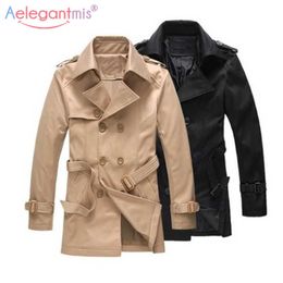 Aelegantmis Black Trench Coat Men Brand Casual Slim Long Men's Coats Autumn Double-breasted Male Windbreaker Fashion 210607