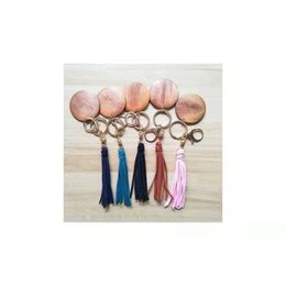 Cross-border Personalised wooden keychain can be printed round Korean velvet tassel pendant key ring multi-color optional