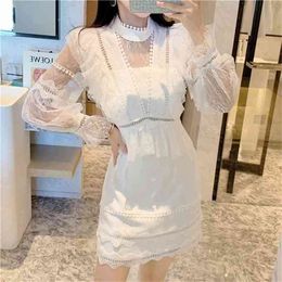 Vintage sexy white lace short dress women Long puff sleeve es dots female Luxury slim party mini vestidos 210603