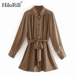 Lady Elegant Geometric Print Shirt Dress Long Sleeve Office Wear Bandage Pleated Chic Sundress Robe Femme 210508