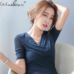 Summer Korean Style Modal Cotton T-Shirt Sexy Solid V-Neck Drape Elegant Women Tops Short Sleeve All Match Tees T14107A 210421