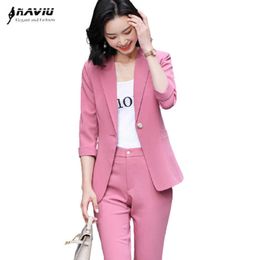 Pink High End Suit Summer Buiness Formal Fashion Temperament Casual Half Sleeve Blazer And Pants Office Ladies Work Wear 210604