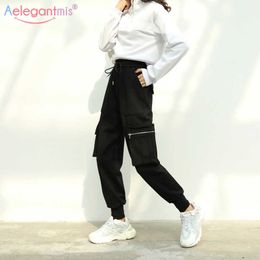 Aelegantmis Spring Autumn Casual Cargo Pants Women Fashion Pockets High Waist Trousers Black Hip Hop Korean Style Ladies 210607