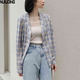 Chic Double Breasted Women Plaid Thin Jackets Spring Long Sleeve Blazer Collar Shirts Top Female Elegant Ladies Outwear 210514