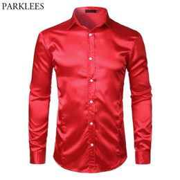 Men's Slim Fit Silk Satin Dress Shirts Wedding Groom Stage Prom Shirt Men Long Sleeve Button Down Shirt Male Chemise Homme Red 210522