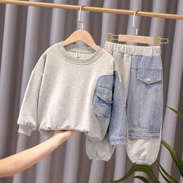 Kids Boys Clothes Sets Spring Autumn Baby Boy Long Sleeve Denim Patchwork Sweatshirt Tops+Loose Pants 2Pcs Children Clothing H0909