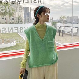 WERUERUYU Autumn Women Sweater Vest Womens Elegant Student V-neck Pullover Korean Loose Casual Knitting Tops Outerwear 210608