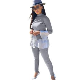 Women's Two Piece Pants Set Women Stand Collar Long Tops And Skinny Pant Suits 2021 Fashion Patchwork Knitted Stretchy Casual 2 Outfits