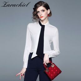 Elegant Stand Collar Long Sleeve Blouse Ladies OL Work Wear Office Formal Shirt Ribbon Bow Small Fragrant Straight Women Tops 210416