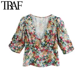 Women Fashion Floral Print Cropped Blouses Vintage V Neck Short Sleeve Side Zipper Female Shirts Blusas Chic Tops 210507