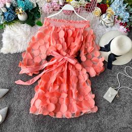 Spring Women Sexy Slash Neck Off Shoulder Mini Dress Casual Lace Patchwork Fairy Sash Tie Up Candy Colours 210423