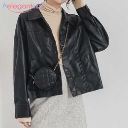 Aelegantmis Chic Black Loose Pu Faux Leather Jacket Women Moto Biker Ladies Street Casual Outwear Basic Coat Korean 210607