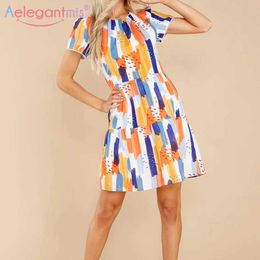 Aelegantmis Color Print Mini Dress Women O Neck Short Sleeve Dresses Elegant Fashion Summer Lace Vestidos Female 210607