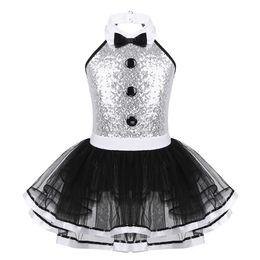 Kids Girls Ballet Dance Dresses Dancewear Sleeveless Shiny Sequins Gymnastics Leotard Mesh Tutu Dress Modern Dance Costume Q0716