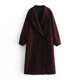 Winter Fashion Wine Red Retro Woollen One Button Loose Lapel Long Jacket Coat Women's Style 210521
