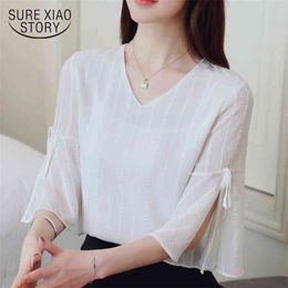 short sleeved blouses striped bow v-neck women clothing flare shirts casual chiffon tops 0293 40 210506