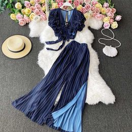 Vintage Blue Striped Two Piece Set Women Sexy V-Neck Ruffle Short Tops + High Waist Split Wide Leg Pants Female Suit 211105