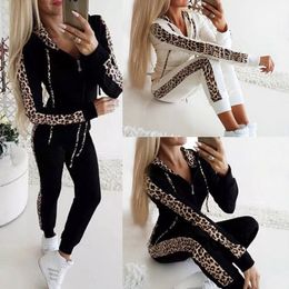 Autumn Leopard Patchwork Women Casual Suits Long Sleeve Pull Rope Hooded Hoodies Pencil Trousers White Black Sport 2 Pcs Outfits 210507