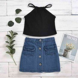 Girls' Set Summer Children's U-neck Strapless Cotton Black Top + Button Denim Skirt 2Pcs Kid Clothes 210528