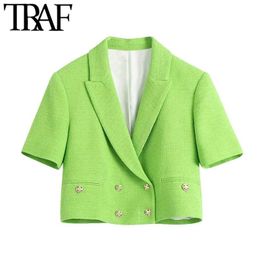TRAF Women Fashion Double Breasted Tweed Cropped Blazer Coat Vintage Short Sleeve Female Outerwear Chic Veste Femme 211122