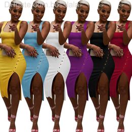 clubwear wholesalers Australia - Women Long Maxi Dress Fashion Summer Solid Color Skinny Stretchy Bodycon Pencil Dresses Clubwear Irregular Side Split With Buttons Sexy Ladies Skirt