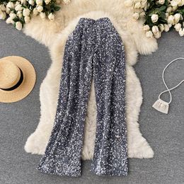 Spring autumn new design women's high elastic waist paillette shinny bling sequined wide leg long pants trousers