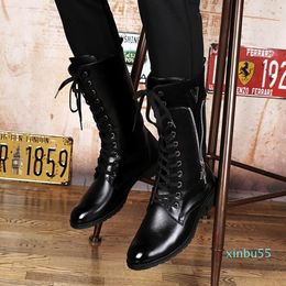 Mens High Top Long Boots Fashion Zipper Lacing Knee-High Motorcycle Boots Concise Warm Black Shoes