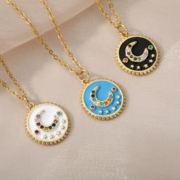 Pendant Necklaces Goth Crystal Enamel Round Necklace For Women Vintage Moon & Star Gold Choker Chain Jewelry Christmas Gift