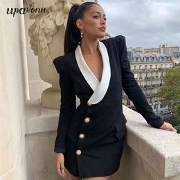 Free Fashion Black Blazer Dress Sexy V-neck Long Sleeve Single Breasted Bodycon Mini Club Party es 210524