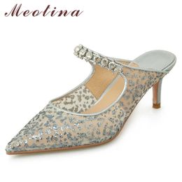 Meotina Women Mules Shoes Crystal High Heel Sandals Pointed Toe Sandals Thin Heel Lady Footwear Summer Sliver Party Shoes 210608