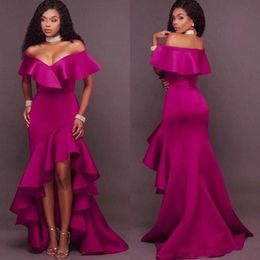 Sexy Plus Size Fuschia Mermaid Evening Dresses Off Shoulder Ruffles V Neck High Low Formal Dress Prom Gowns Custom Made