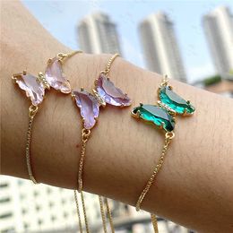 2021 New Arrival Crystal Butterfly Bracelet Femme Copper Gold Color Chain Charm Bracelets for Women Girls Jewelry Q0719