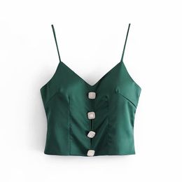 Evfer Women Fashion Square Jewelry Button Short Green Sling Tops Vintage Ladies Backless Zipper Cute Camis Girls Chic Femme 210421