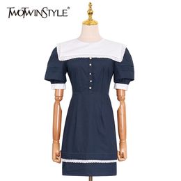 Elegant Hit Colour Dress For Women O Neck Short Sleeve High Waist Patchwork Mini Dresses Female Fashion Style 210520