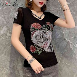 Summer European Style T-shirt Sexy Hollow Out Diamonds Letter Love Women Tops Patchwork Mesh All Match Tees T14410A 210421