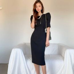 Elegant O-Neck Puff Sleeve Black Midi Dress Women Summer Lace Up Belted Office Lady High Waist Slim Pencil Ladies 210529