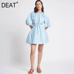 Women Blue Folds Patchwork Show Waist Dress Round Neck Short Sleeve Slim Fit Sexy Fashion Tide Summer 7D0386 210421