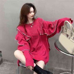 Fall Ruffled Top Loose Temperament Outer Wear Round Neck Sweater Pullover Women's Clothing UK612 210506