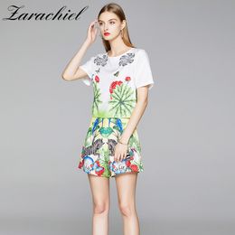 Fashion Designer Zebra Animal Flower Print Two Piece Mini Pant Women Short Sleeve O-neck T-shirt Top + Wide Leg Shorts Set 210416