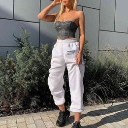Women High Waist Letter Print Loose Casual Pants Solid Warm Vintage Trousers Winter New Women Fashion Cargo Pants 210412